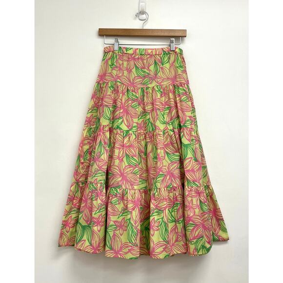 Lilly Pulitzer White Label Tiered Cotton Tropical Floral Pull-On Midi Skirt XS - Picture 2 of 11